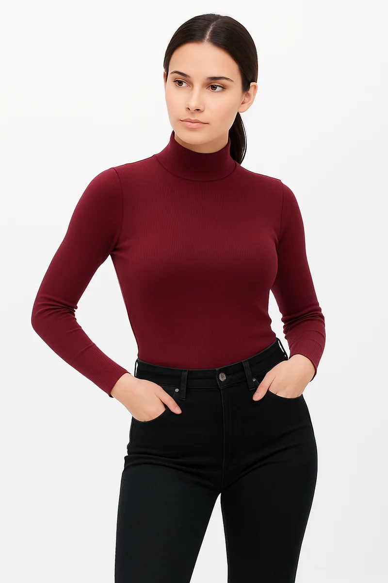 Yarım Balıkçı Yaka Uzun Kol Kaşkorse Fitilli Bordo Bluz