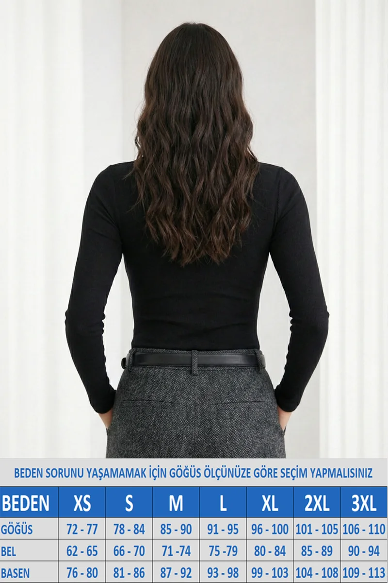 Kadın Fitilli Patlı Havuz Yaka Uzun Kol Kaşkorse Siyah Bluz