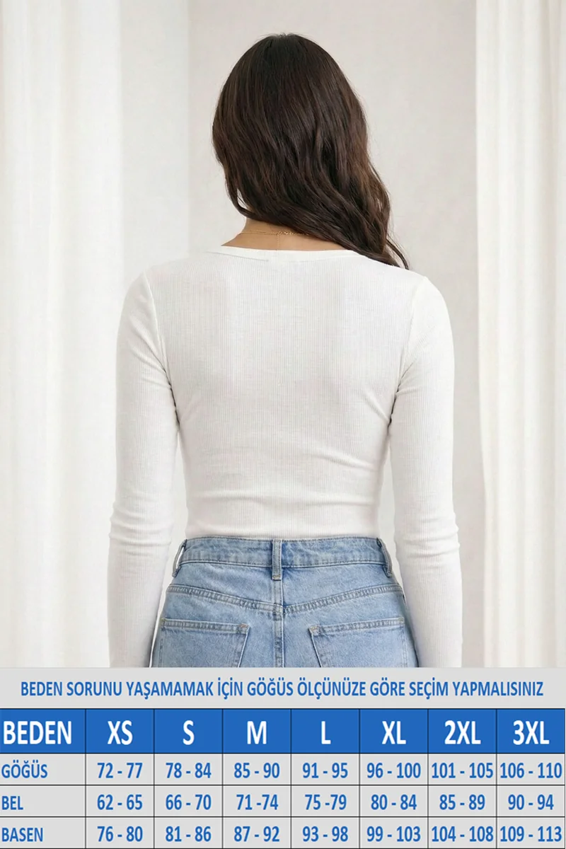 Kadın Fitilli Patlı Havuz Yaka Uzun Kol Kaşkorse Beyaz Bluz