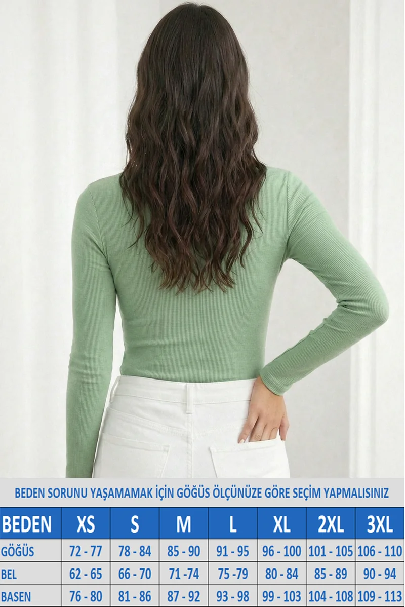 Kadın Fitilli Patlı Havuz Yaka Uzun Kol Kaşkorse Yeşil Bluz