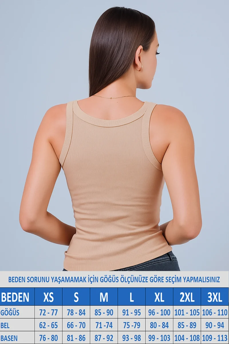 Kadın Kalın Askılı Kaşkorse Fitilli Bej Atlet