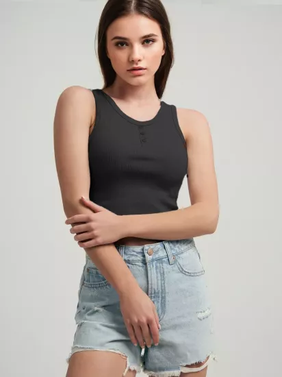 Siyah Fitilli Yuvarlak Yaka Patlı Crop