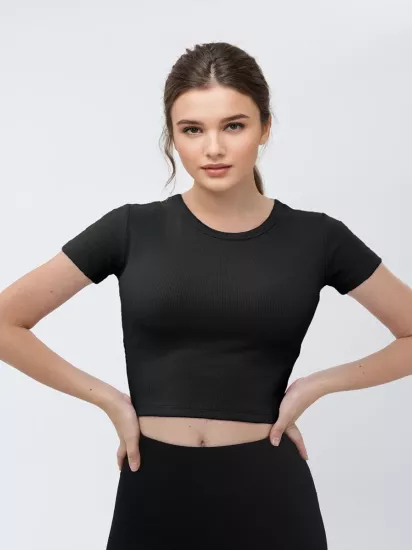 Siyah Fitilli Yuvarlak Yaka Kısa Kol Crop