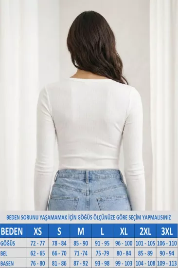 Kadın Fitilli Patlı Havuz Yaka Uzun Kol Kaşkorse Beyaz Bluz