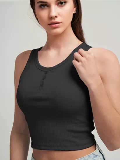 Siyah Fitilli Yuvarlak Yaka Patlı Crop