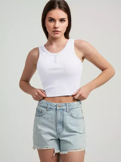 Beyaz Fitilli Yuvarlak Yaka Patlı Crop