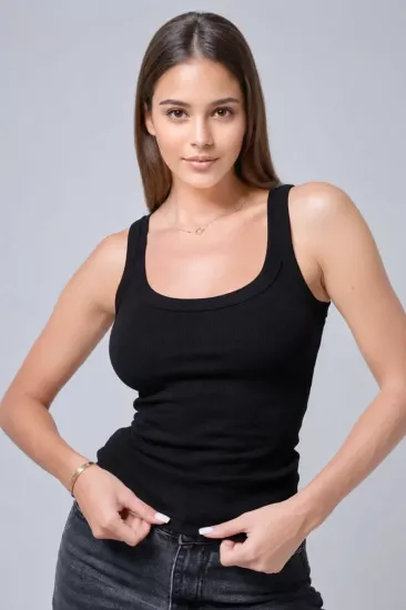Kadın Kalın Askılı Kaşkorse Fitilli Siyah Atlet