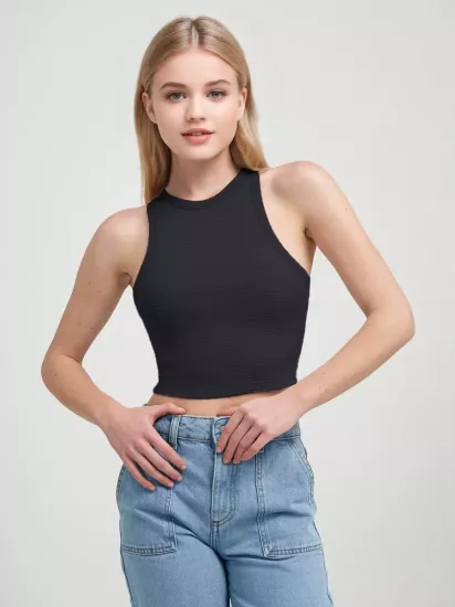 Siyah Fitilli Halter Yaka Crop