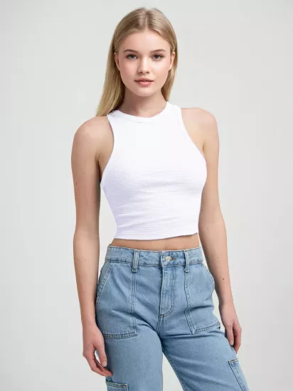 Beyaz Fitilli Halter Yaka Crop